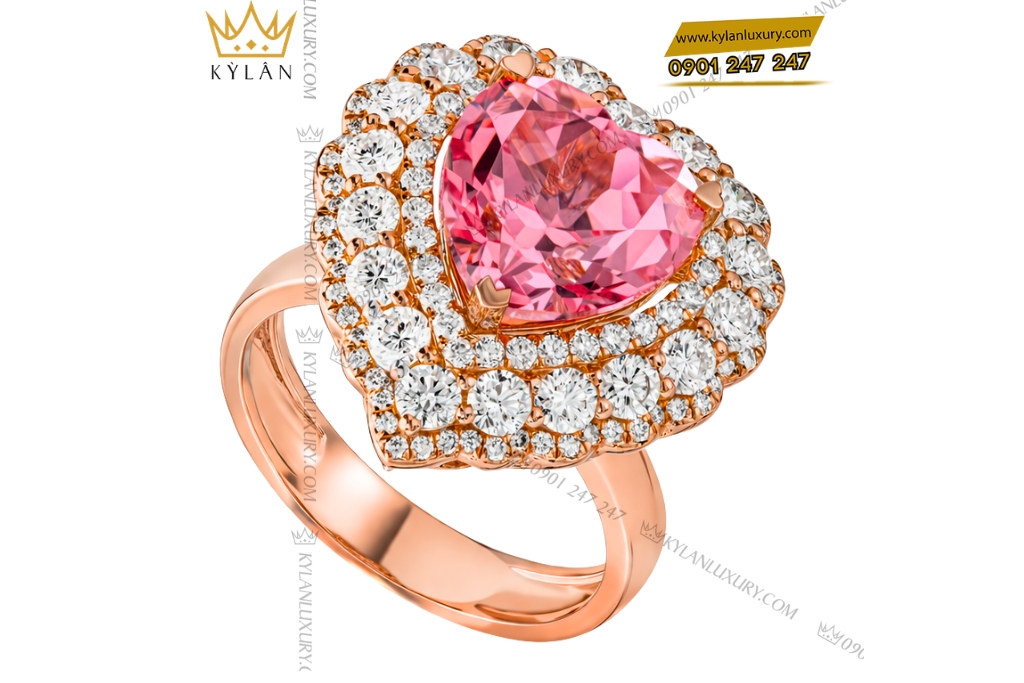 Nhẫn trái tim vàng hồng Au750 đính kim cương và sapphire hồng