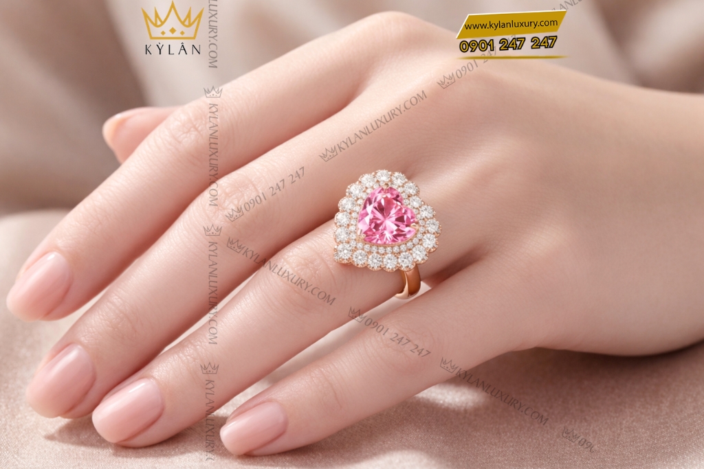 Nhẫn trái tim vàng hồng Au750 đính kim cương và sapphire hồng