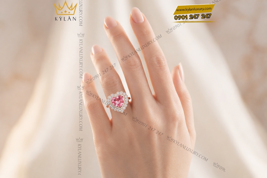 Kỳ Lân Luxury Nhan trai tim vang hong Au750 dinh kim cuong va sapphire hong 8 Nhẫn trái tim vàng hồng Au750 đính kim cương và sapphire hồng