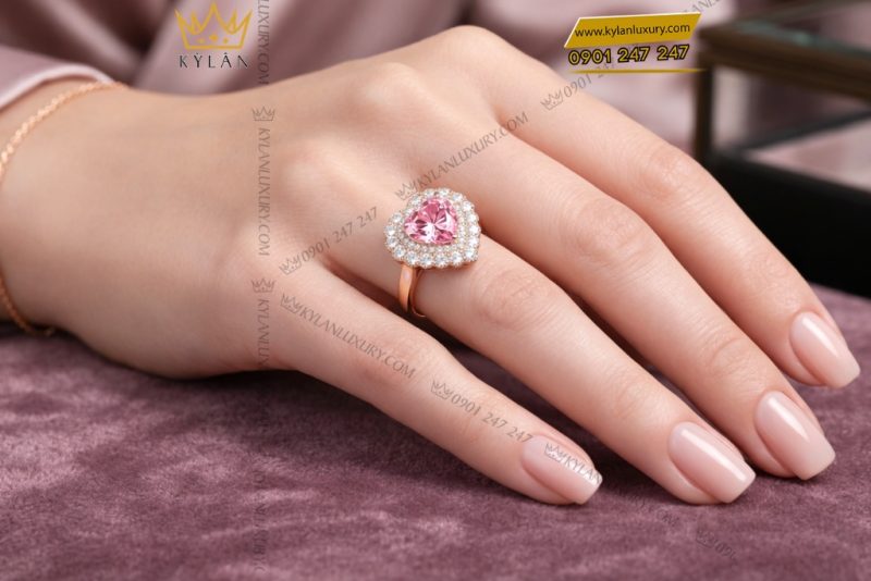 Nhẫn trái tim vàng hồng Au750 đính kim cương và sapphire hồng