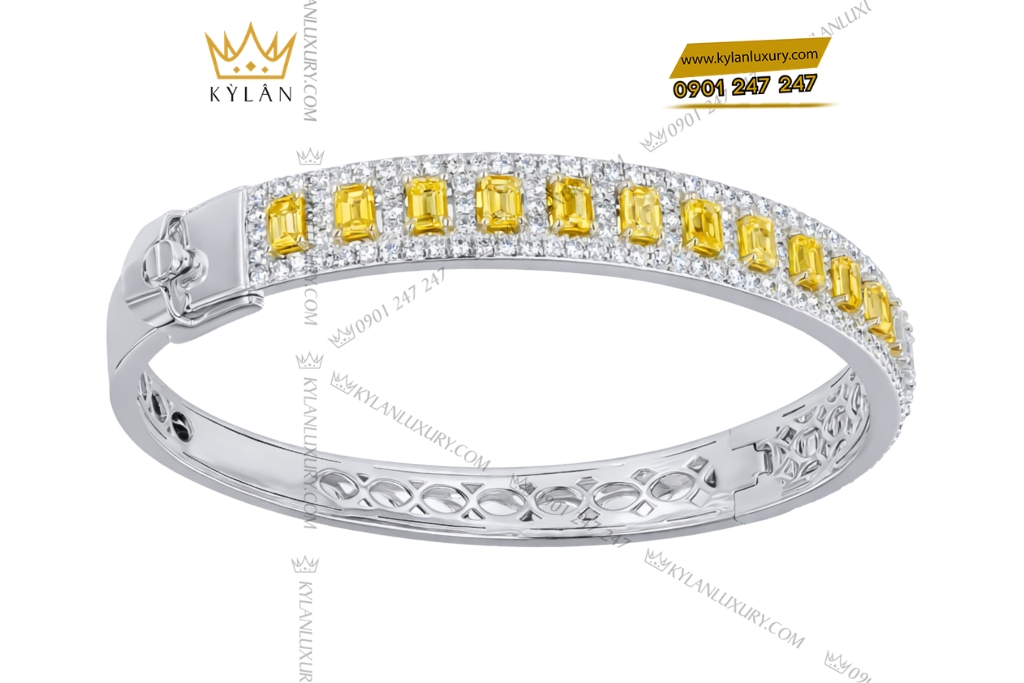 Vòng tay vàng trắng Au750 đính kim cương và sapphire vàng