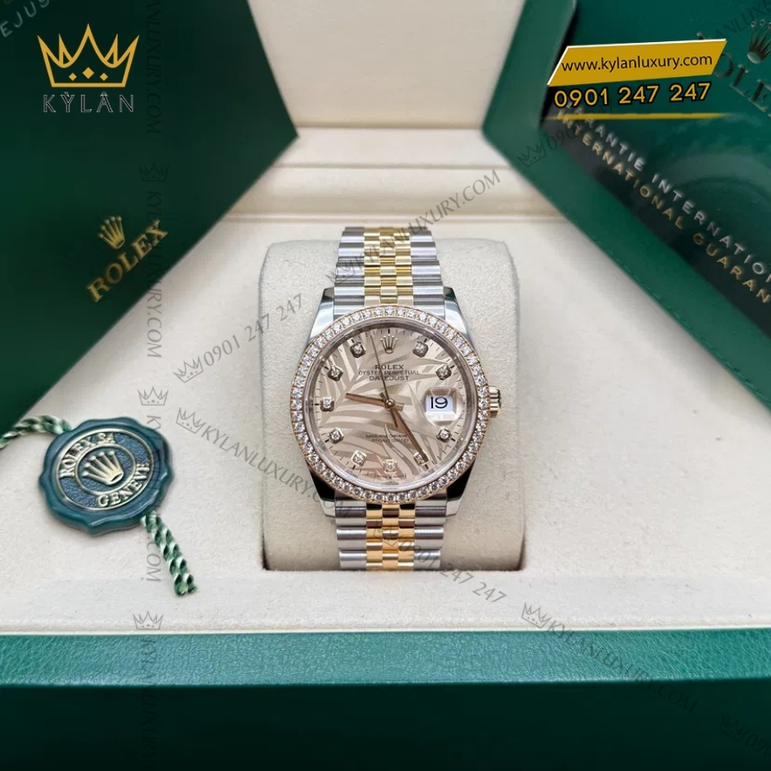 Kỳ Lân Luxury rolex datejust 36 126283rbr 0029 la co vang 2 Đồng hồ Rolex Datejust 36 mặt lá cọ vàng 126283RBR-0029