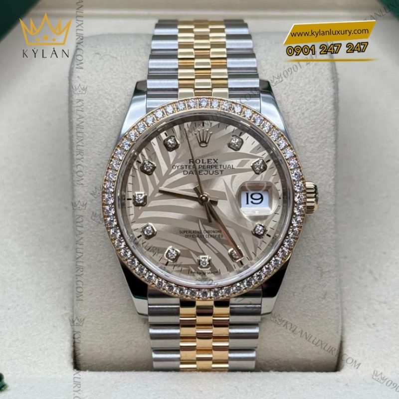 Đồng hồ Rolex Datejust 36 mặt lá cọ vàng 126283RBR-0029