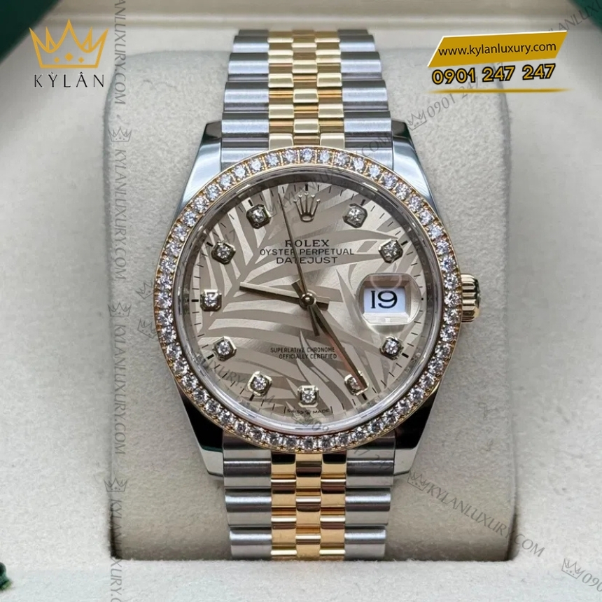 Kỳ Lân Luxury rolex datejust 36 126283rbr 0029 la co vang 3 Đồng hồ Rolex Datejust 36 mặt lá cọ vàng 126283RBR-0029