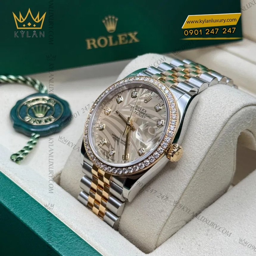 Kỳ Lân Luxury rolex datejust 36 126283rbr 0029 la co vang 5 Đồng hồ Rolex Datejust 36 mặt lá cọ vàng 126283RBR-0029