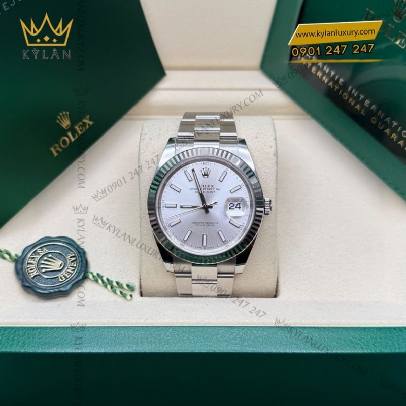 Đồng hồ Rolex Datejust 41 mặt bạc cọc dạ quang 126334-0003