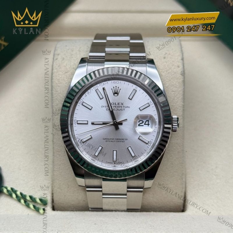Đồng hồ Rolex Datejust 41 mặt bạc cọc dạ quang 126334-0003
