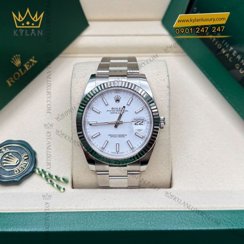 Đồng hồ Rolex Datejust 41 mặt trắng cọc dạ quang 126334-0009