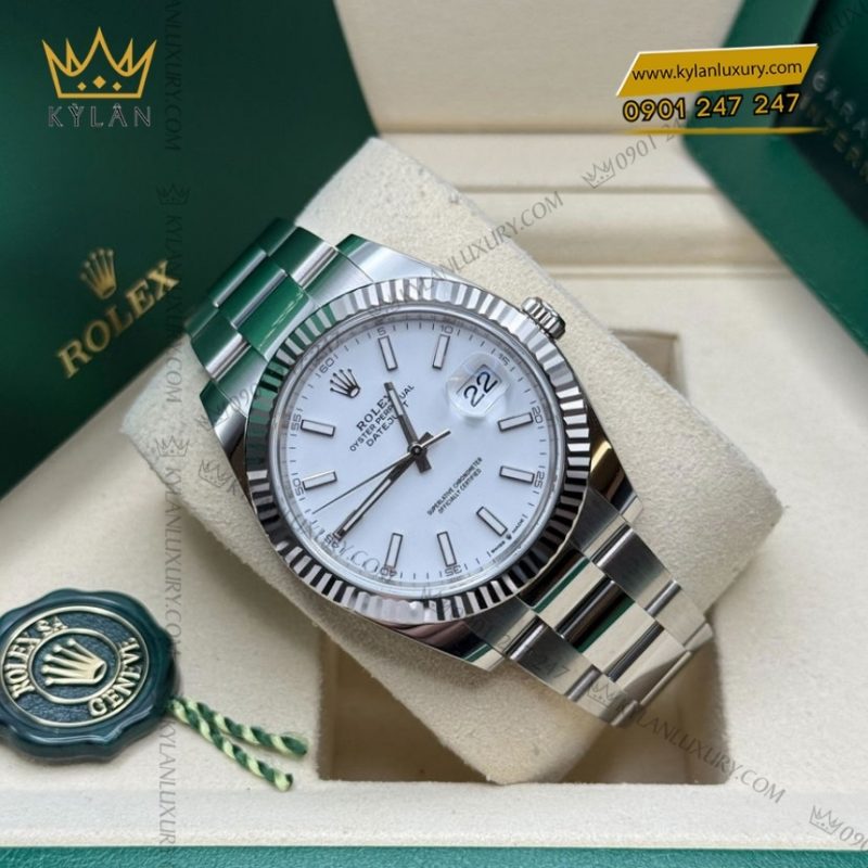Đồng hồ Rolex Datejust 41 mặt trắng cọc dạ quang 126334-0009