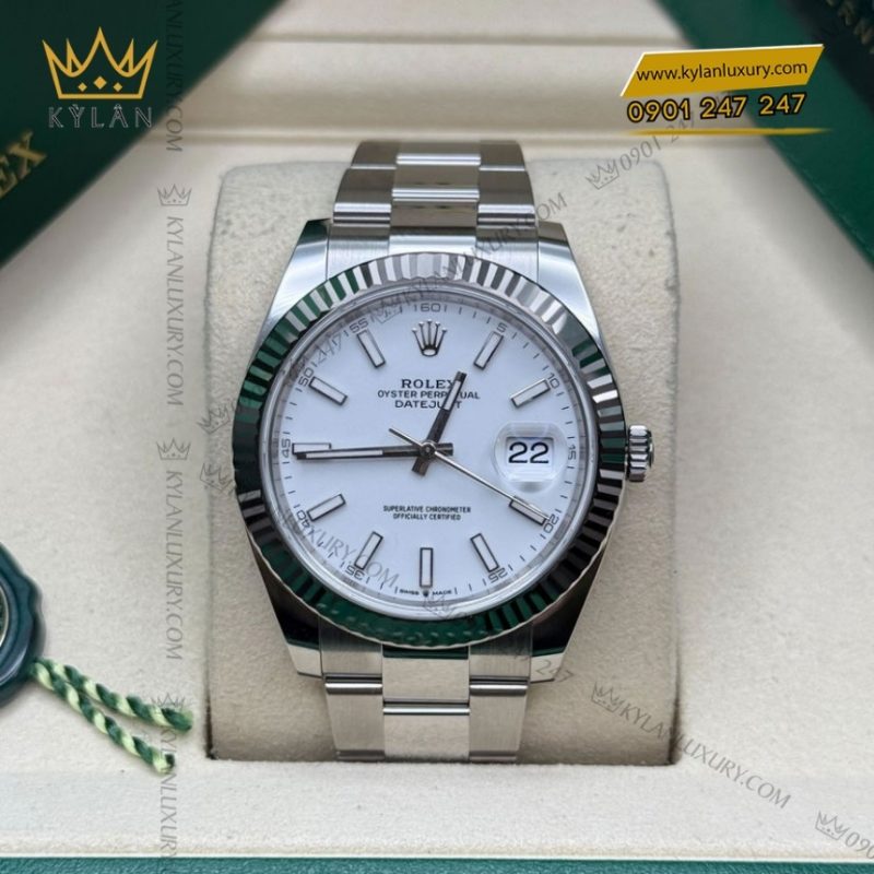 Đồng hồ Rolex Datejust 41 mặt trắng cọc dạ quang 126334-0009