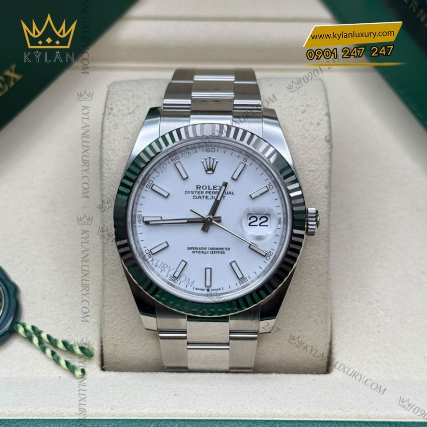 Kỳ Lân Luxury rolex datejust 41 126334 0009 mat trang da quang 8 Đồng hồ Rolex Datejust 41 mặt trắng cọc dạ quang 126334-0009