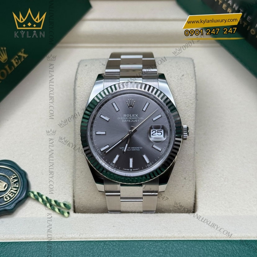 Kỳ Lân Luxury rolex datejust 41 126334 0013 xam da quang 8 Đồng hồ Rolex Datejust 41 mặt xám cọc dạ quang 126334-0013