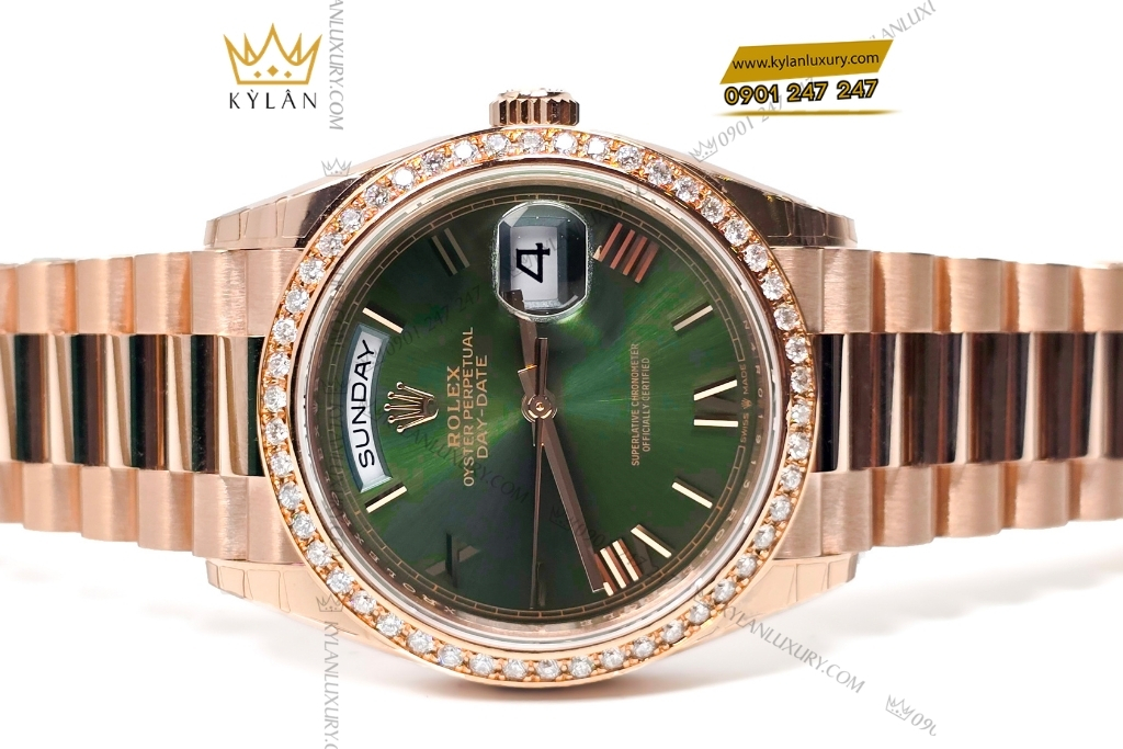 Kỳ Lân Luxury rolex day date 36 mat olive custom vanh kim tron 12 Đồng hồ Rolex Day Date 36 mặt Olive custom vành kim tròn