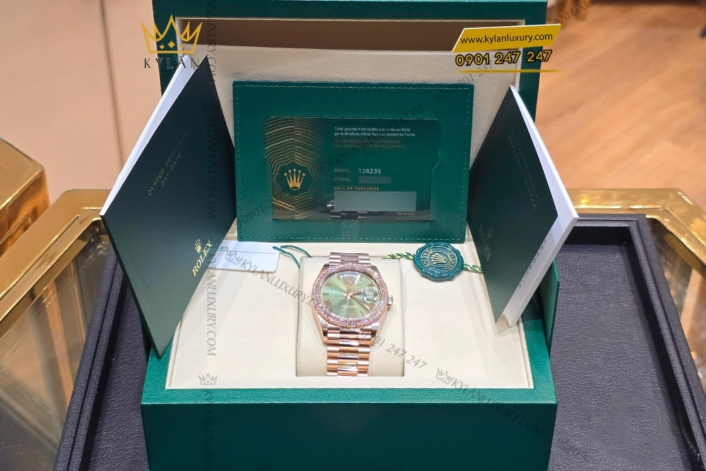 Kỳ Lân Luxury rolex day date 36 mat olive custom vanh kim tron 13 Đồng hồ Rolex Day Date 36 mặt Olive custom vành kim tròn