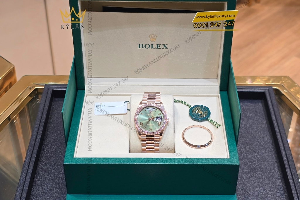 Kỳ Lân Luxury rolex day date 36 mat olive custom vanh kim tron 14 Đồng hồ Rolex Day Date 36 mặt Olive custom vành kim tròn