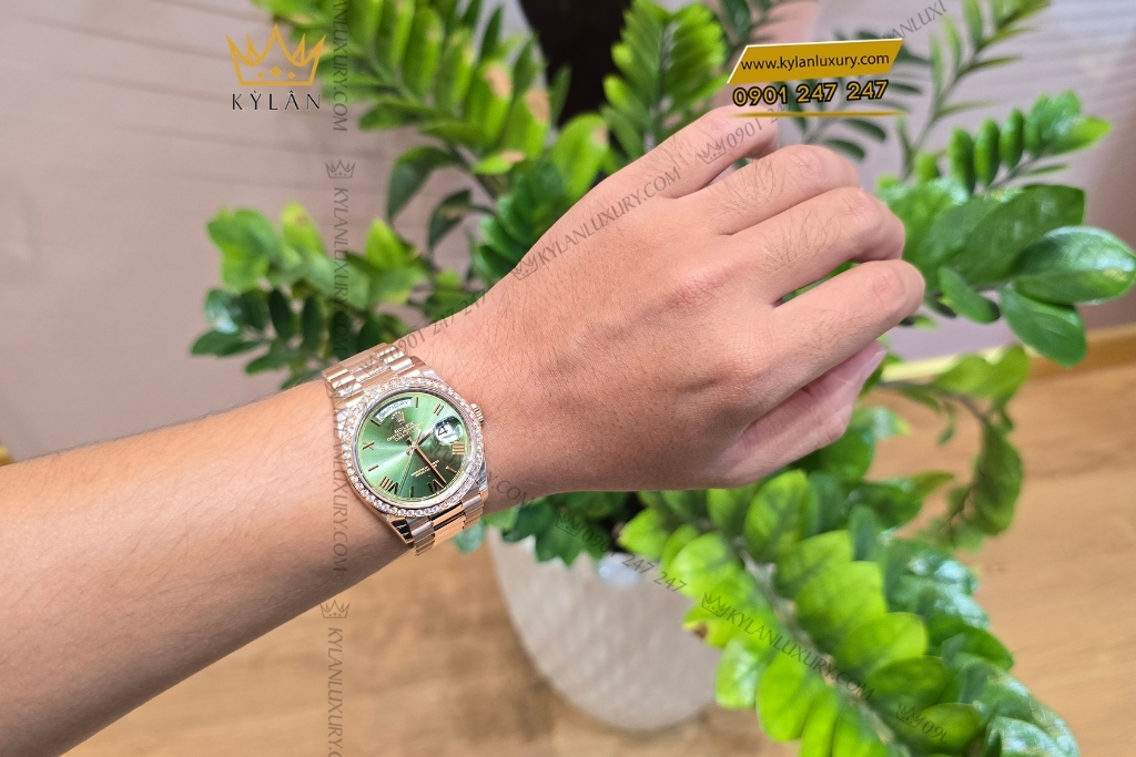 Kỳ Lân Luxury rolex day date 36 mat olive custom vanh kim tron 4 Đồng hồ Rolex Day Date 36 mặt Olive custom vành kim tròn