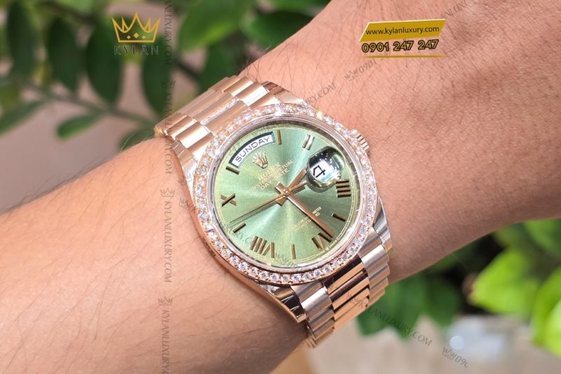 Đồng hồ Rolex Day Date 36 mặt Olive custom vành kim tròn