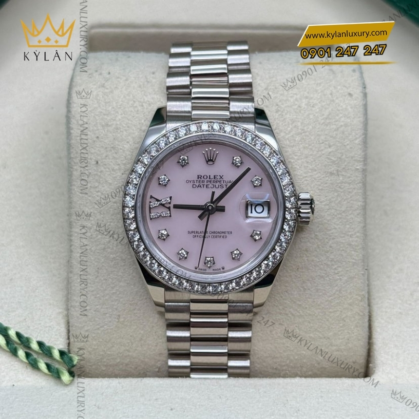 Kỳ Lân Luxury rolex lady datejust 28 279139rbr 0002 opal hong kim cuong 6 Đồng hồ Rolex Lady Datejust mặt số đá opal hồng 279139RBR-0002