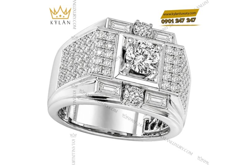 Nhẫn nam vàng trắng Au750 đính kim cương