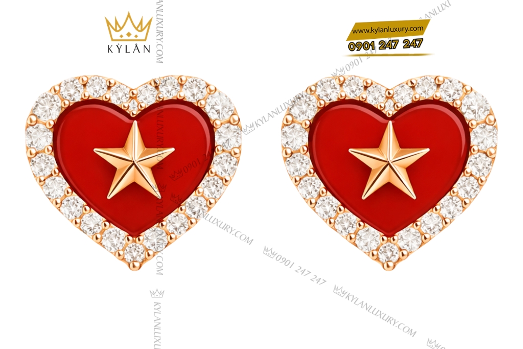 Bông tai trái tim đính ngôi sao vàng hồng Au750 và kim cương