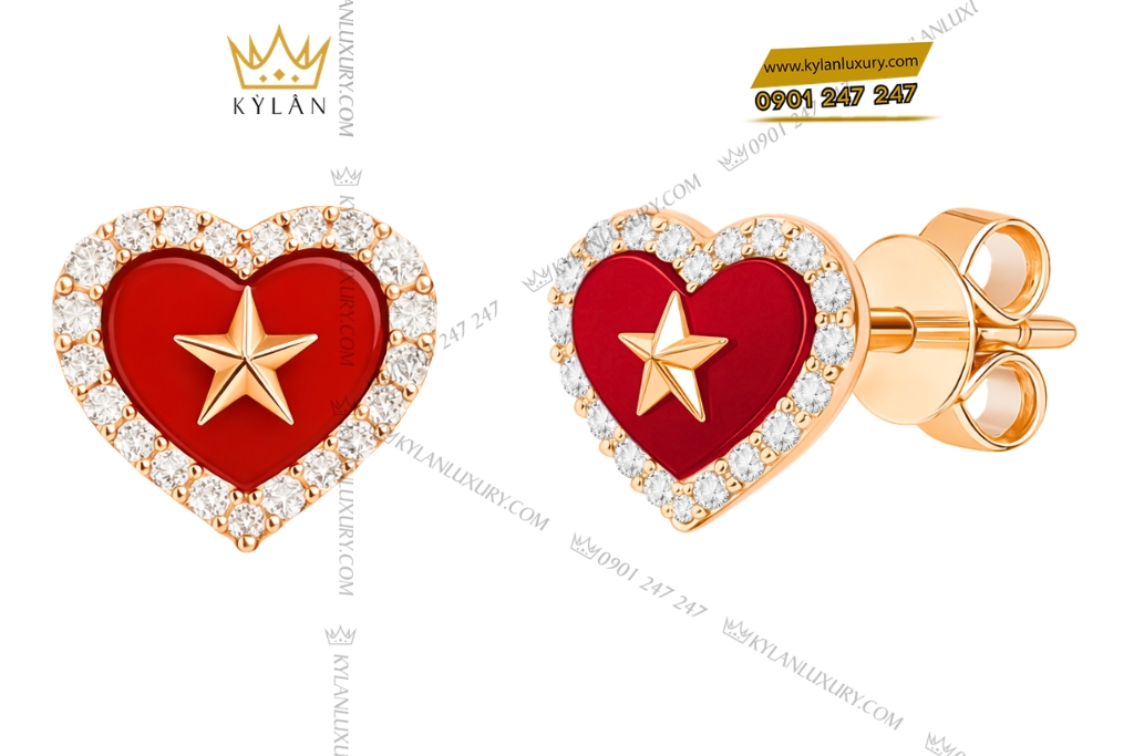 Kỳ Lân Luxury Bong tai trai tim dinh ngoi sao vang hong Au750 va kim cuong 4 Bông tai trái tim đính ngôi sao vàng hồng Au750 và kim cương
