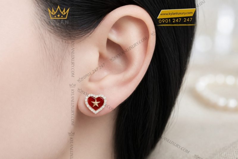 Bông tai trái tim đính ngôi sao vàng hồng Au750 và kim cương