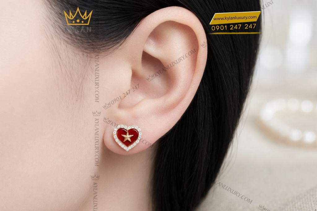 Bông tai trái tim đính ngôi sao vàng hồng Au750 và kim cương