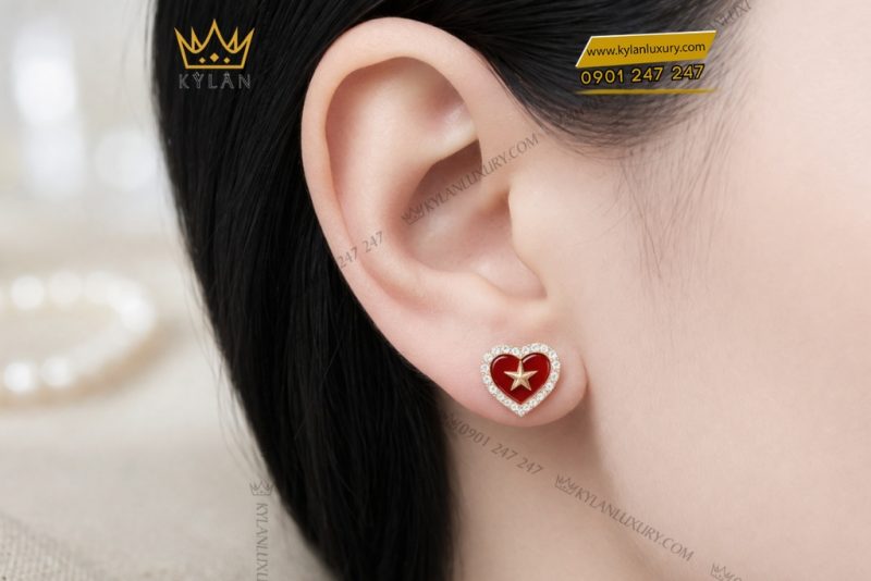 Bông tai trái tim đính ngôi sao vàng hồng Au750 và kim cương
