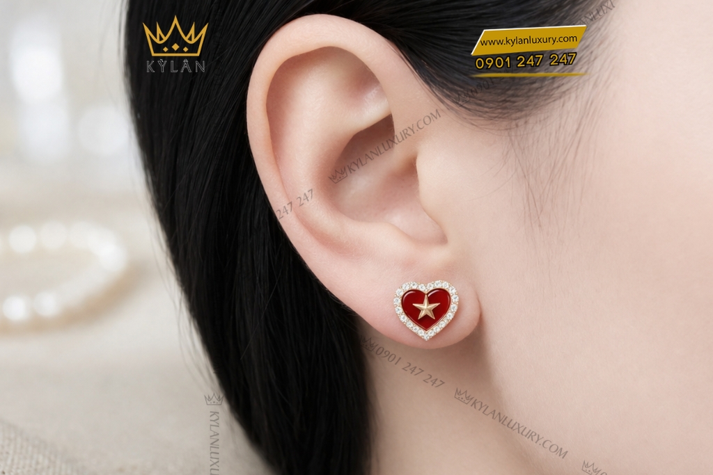 Bông tai trái tim đính ngôi sao vàng hồng Au750 và kim cương