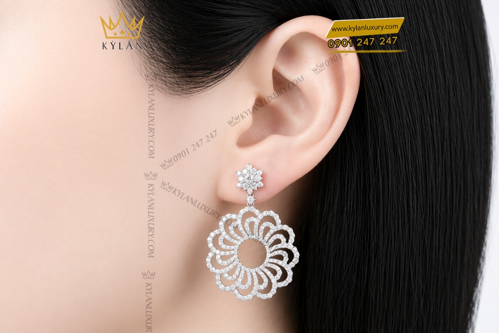 Bông tai vàng trắng Au750 đính kim cương