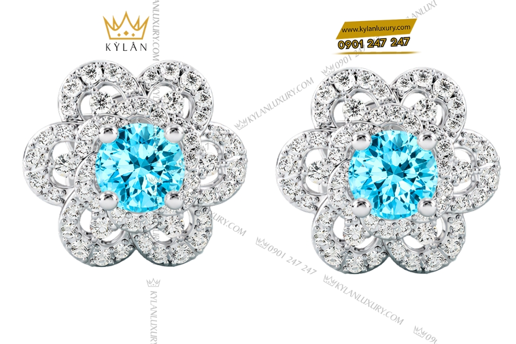 Bông tai vàng trắng Au750 đính kim cương và đá Topaz