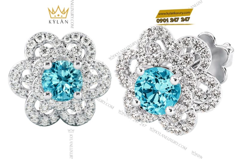 Bông tai vàng trắng Au750 đính kim cương và đá Topaz