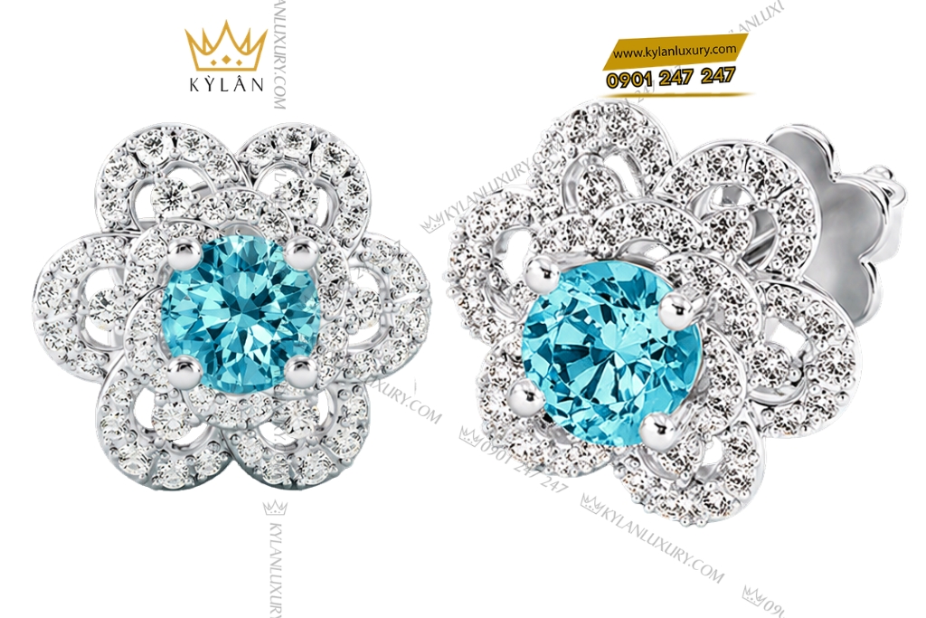 Bông tai vàng trắng Au750 đính kim cương và đá Topaz