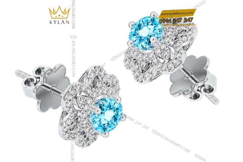 Bông tai vàng trắng Au750 đính kim cương và đá Topaz