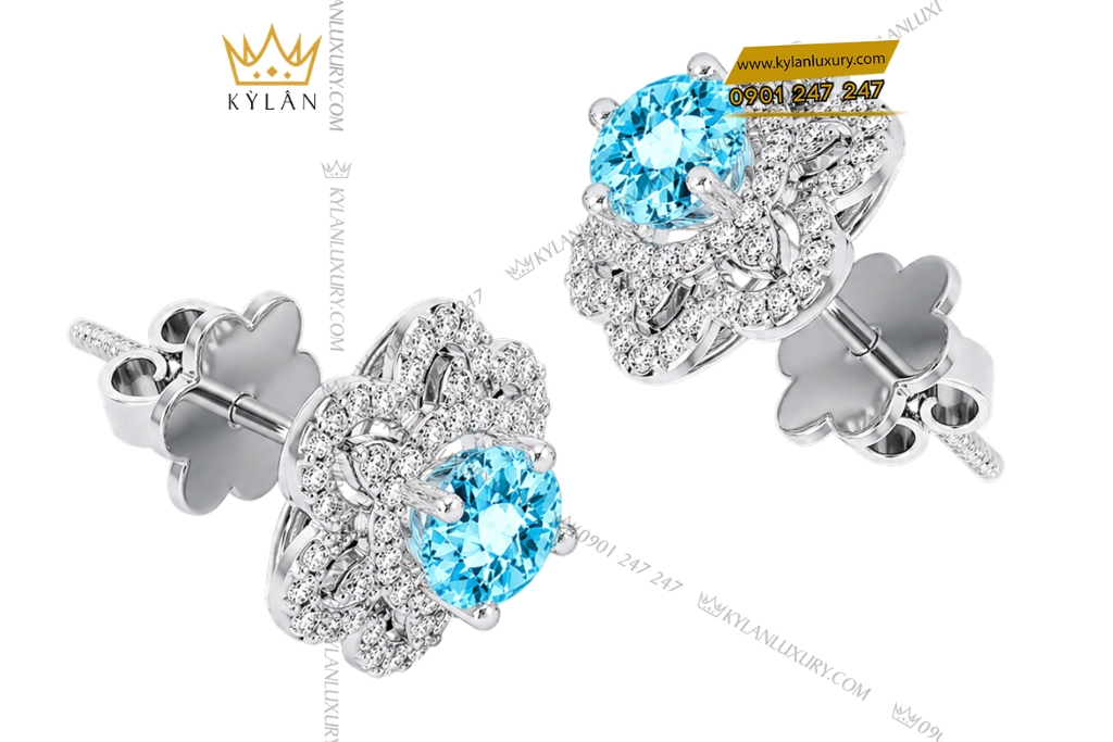 Bông tai vàng trắng Au750 đính kim cương và đá Topaz