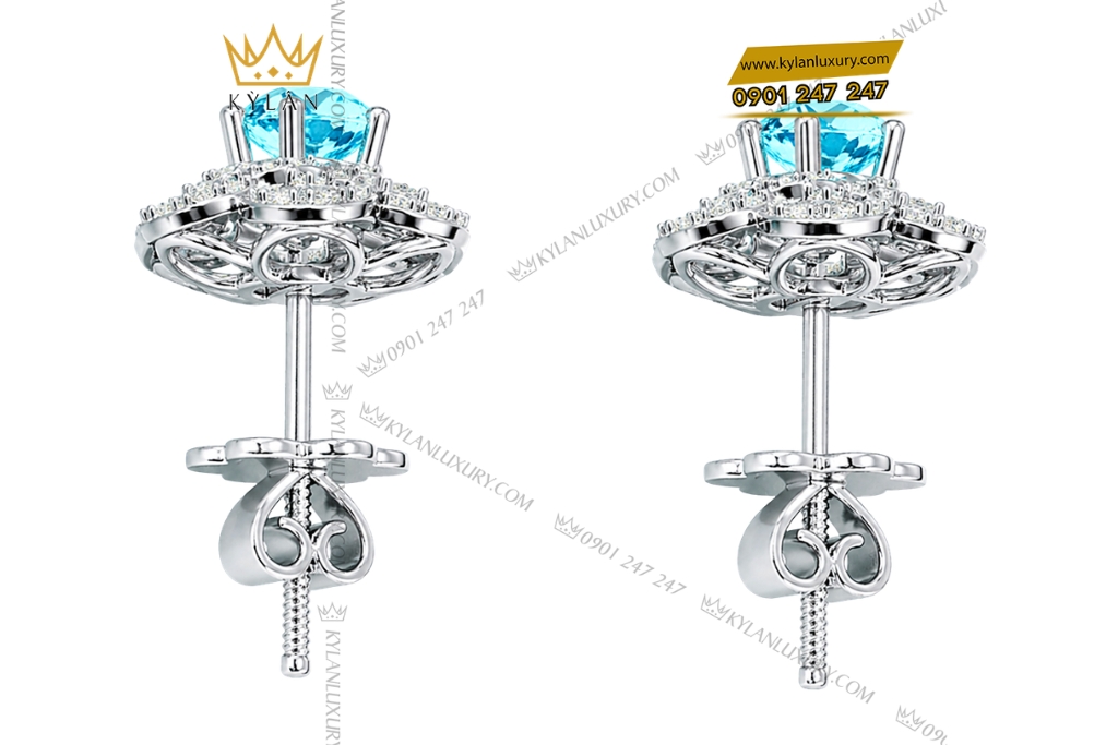 Bông tai vàng trắng Au750 đính kim cương và đá Topaz