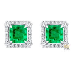 Bông tai vàng trắng Au750 đính kim cương và đá lục bảo