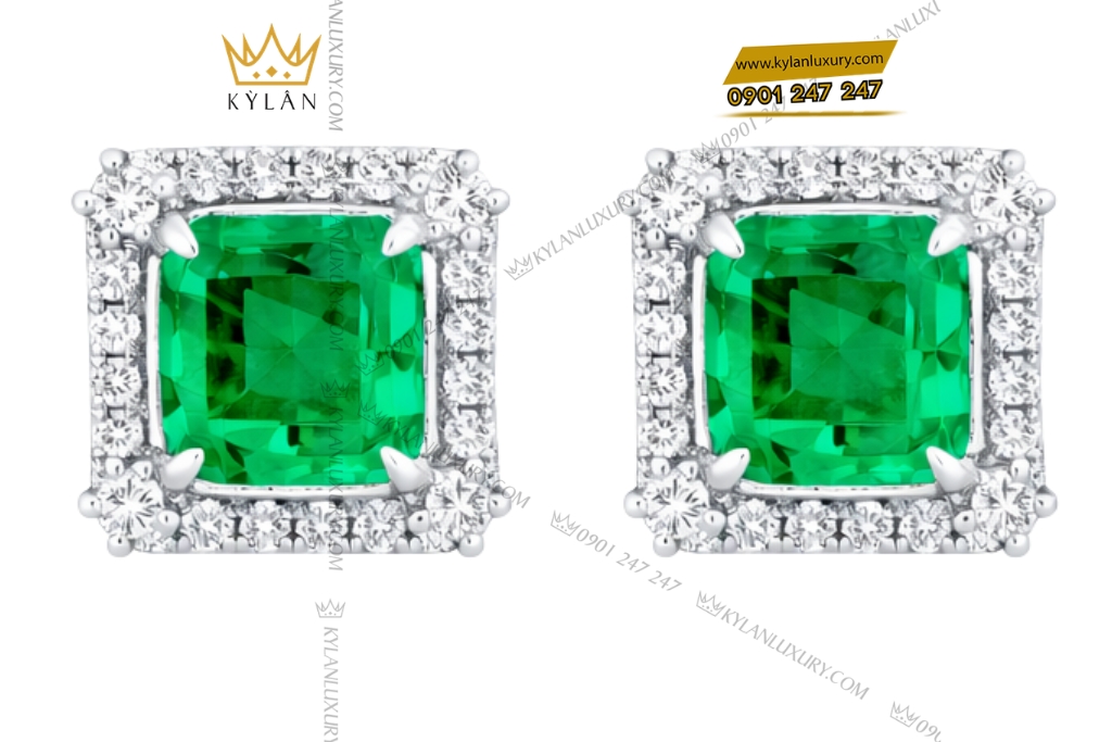 Bông tai vàng trắng Au750 đính kim cương và đá lục bảo