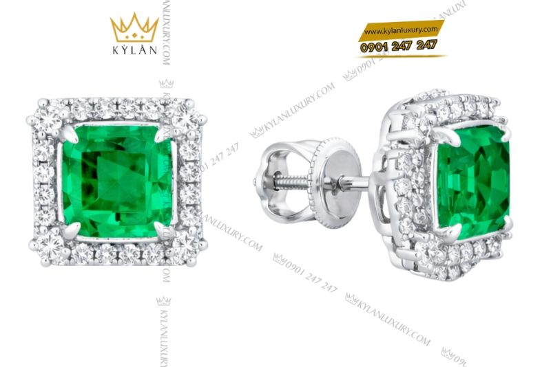 Bông tai vàng trắng Au750 đính kim cương và đá lục bảo