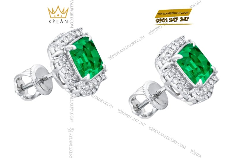 Bông tai vàng trắng Au750 đính kim cương và đá lục bảo