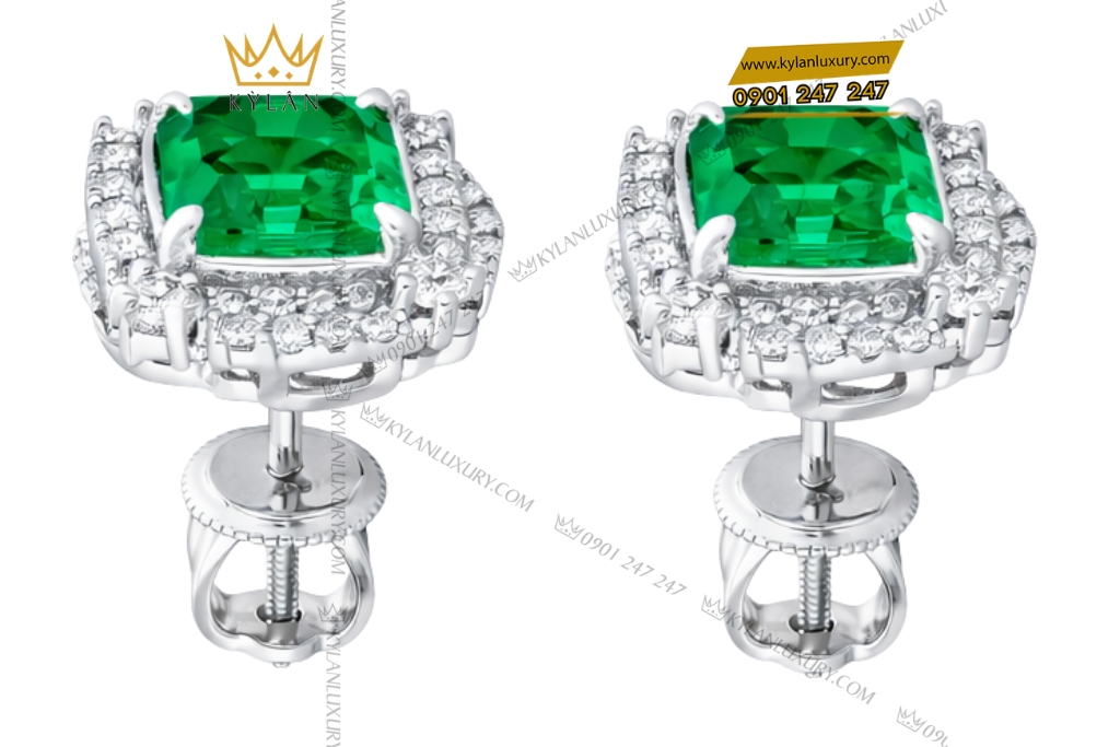 Bông tai vàng trắng Au750 đính kim cương và đá lục bảo