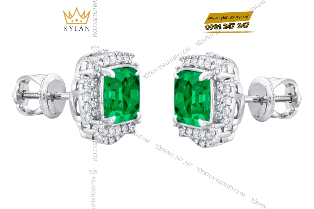 Bông tai vàng trắng Au750 đính kim cương và đá lục bảo