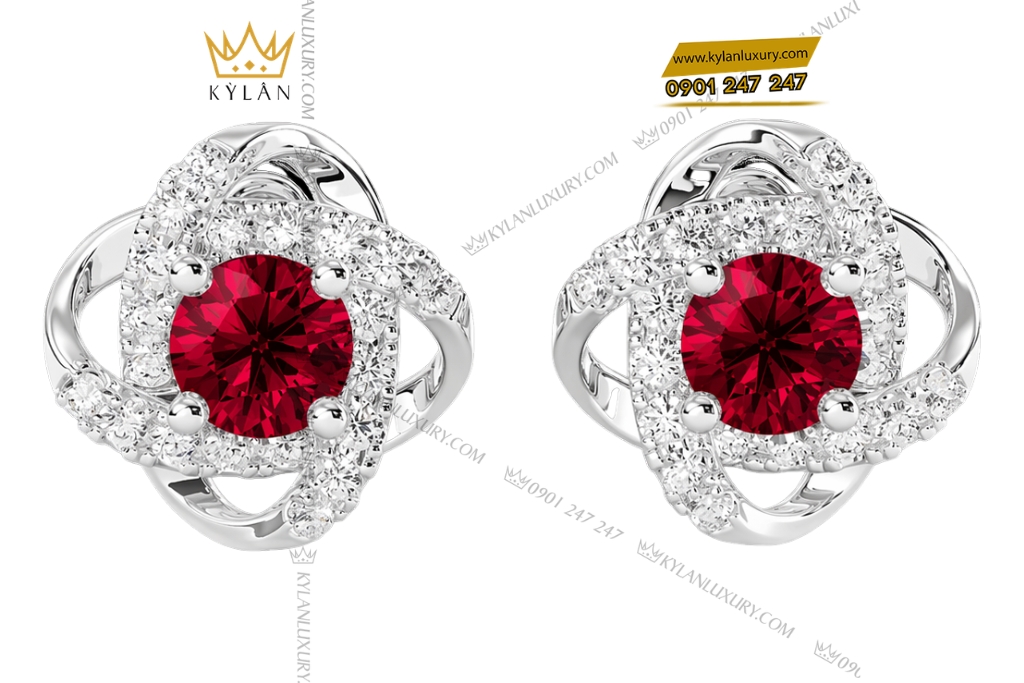 Bông tai vàng trắng Au750 đính kim cương và đá sapphire đỏ