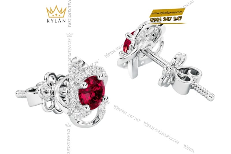 Bông tai vàng trắng Au750 đính kim cương và đá sapphire đỏ