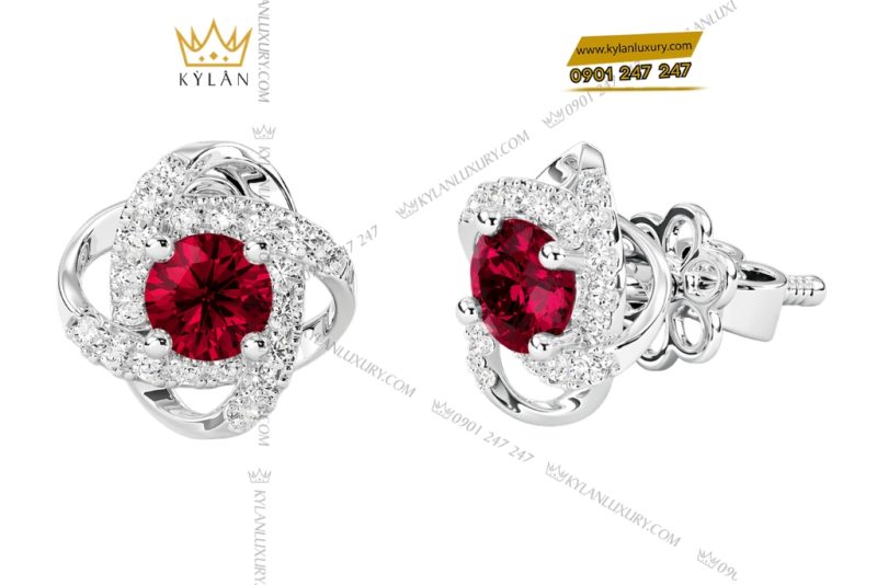 Bông tai vàng trắng Au750 đính kim cương và đá sapphire đỏ