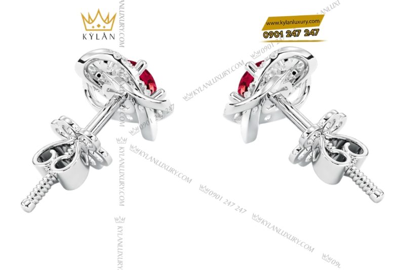 Bông tai vàng trắng Au750 đính kim cương và đá sapphire đỏ