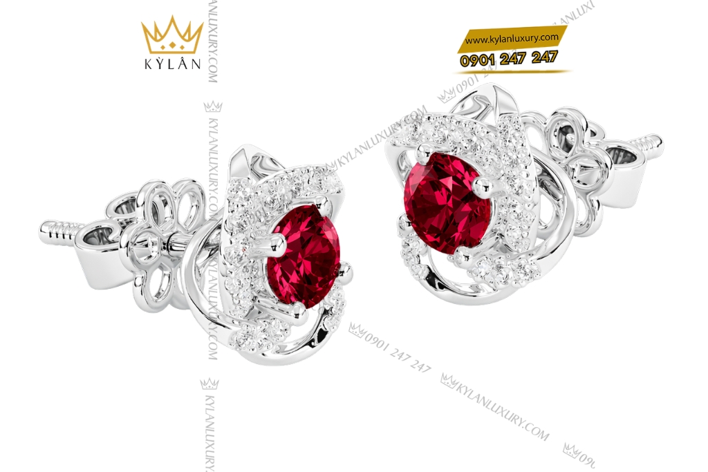 Bông tai vàng trắng Au750 đính kim cương và đá sapphire đỏ