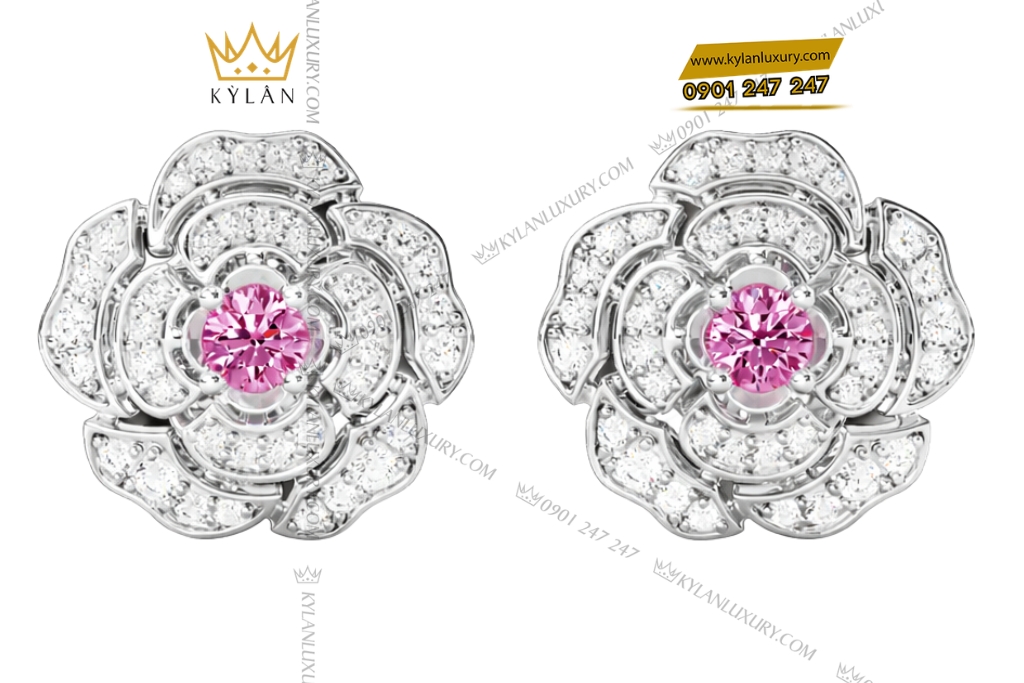Bông tai vàng trắng Au750 đính kim cương và sapphire tím