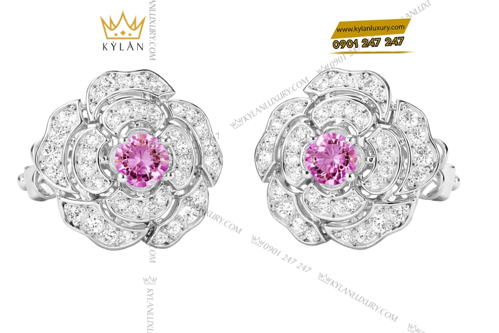 Kỳ Lân Luxury Bong tai vang trang Au750 dinh kim cuong va sapphire tim 3 Bông tai vàng trắng Au750 đính kim cương và sapphire tím
