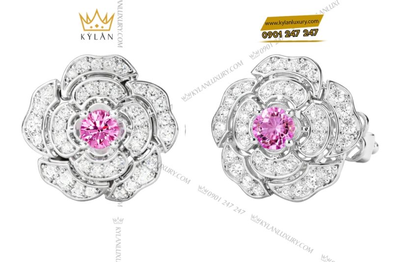 Bông tai vàng trắng Au750 đính kim cương và sapphire tím
